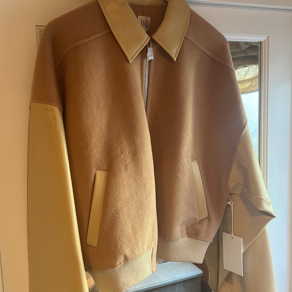 Helsa Faux Leather & Wool Blend Bomber in Tan